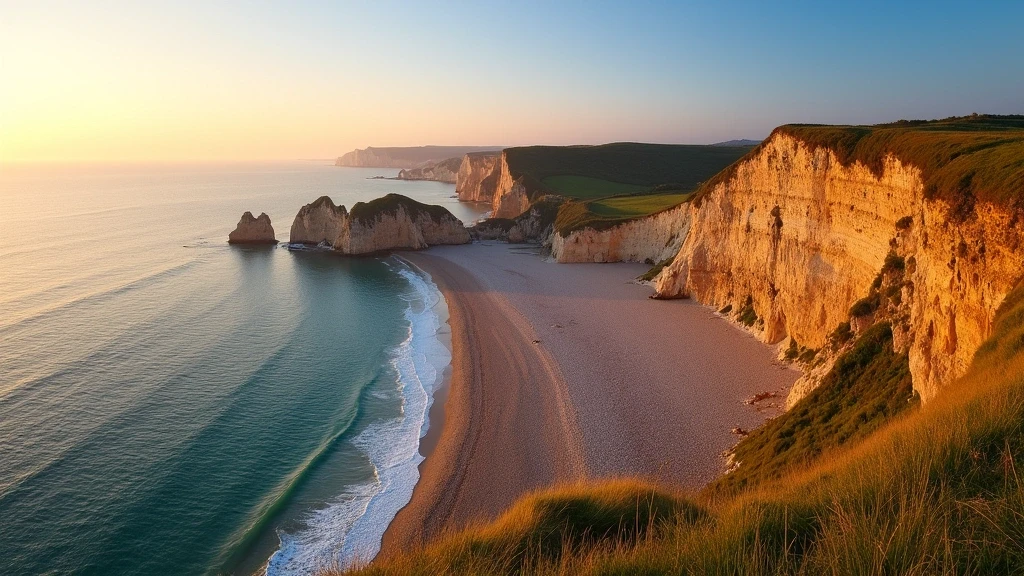 Panoramablick auf Étretat von Falaise d'Amont zur goldenen Stunde mit Kieselstrand und Felsnadel