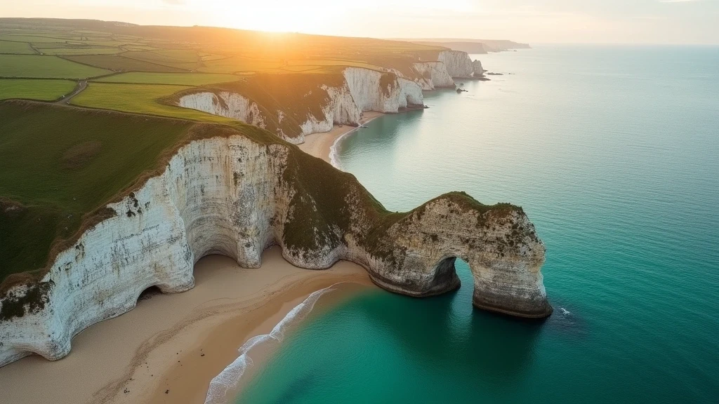 Luftaufnahme der ikonischen Kreidefelsen und Naturbögen von Étretat zur goldenen Stunde in der Normandie