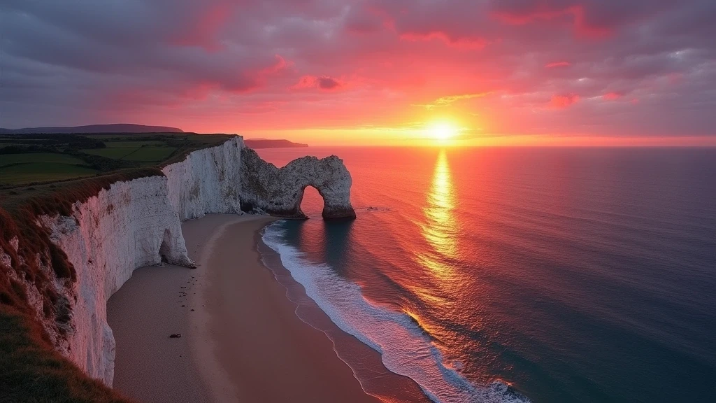 Sonnenuntergang hinter dem Porte d'Aval Naturbogen in Étretat mit dramatischem Himmel und Lichtreflexen