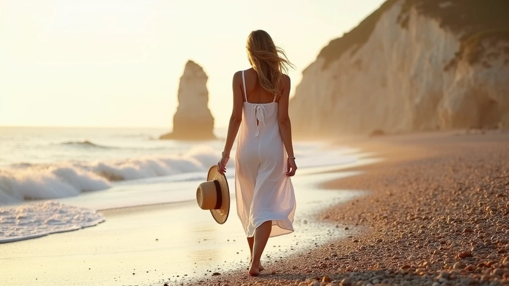 Elegante Frau barfuss am Kieselstrand von Étretat zur goldenen Stunde mit Kreidefelsen im Hintergrund
