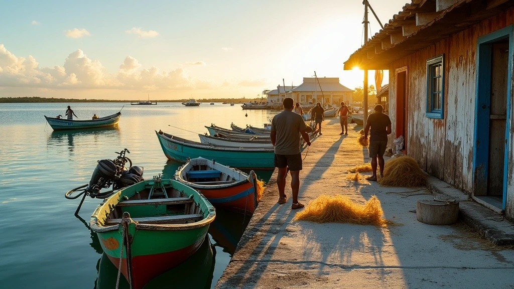 Traditionelles Fischerdorf in Exuma mit bunten Booten und Fischern bei der Arbeit
