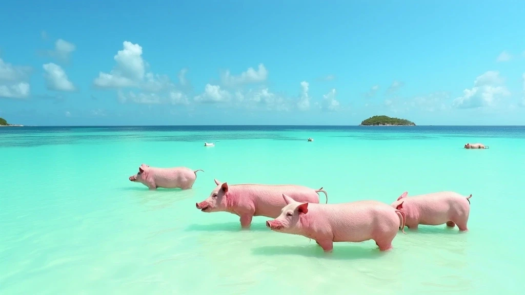 Panoramaaufnahme der schwimmenden Schweine auf Big Major Cay in Exuma, Bahamas