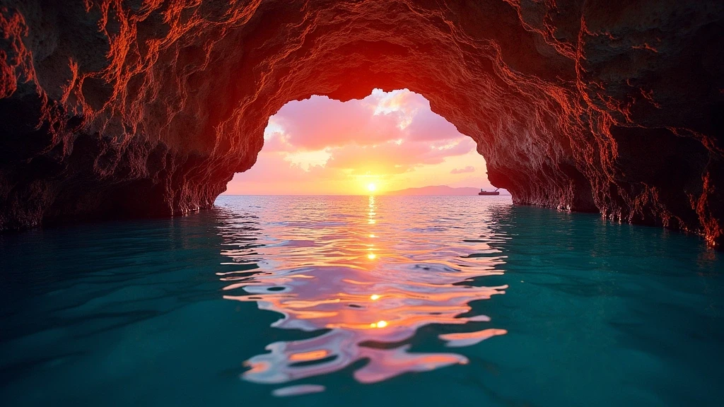 Sonnenuntergang am Thunderball Grotto in Exuma, Bahamas mit dramatischem Lichtspiel