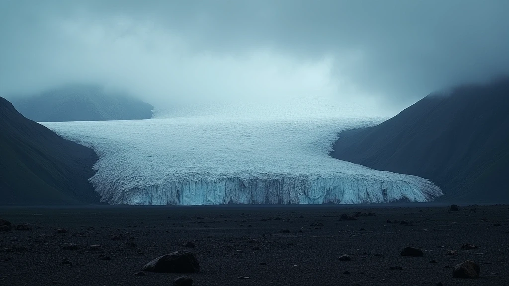 Eyjafjallajökull Gletscher in Island mit dramatischem Himmel und Lavafeldern im Vordergrund - vulkanische Landschaft