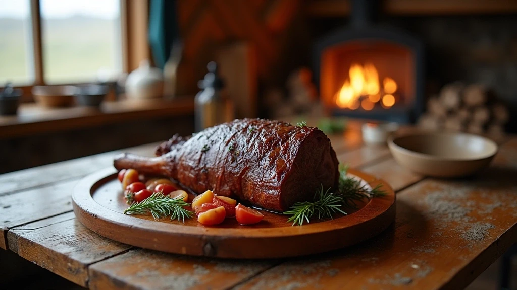 Traditionelles islaendisches Hangikjoet gerauchertes Lamm auf Holztaeller - authentische Kueche Islands