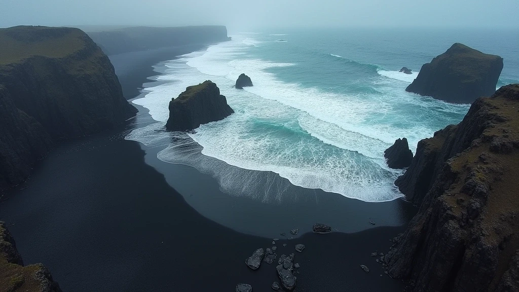 Luftaufnahme vom schwarzen Sandstrand Reynisfjara in Island mit Basaltsaeulen und Atlantikwellen