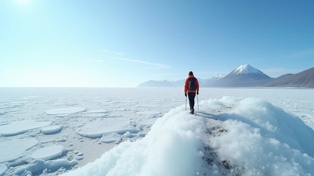 Wanderer am Rand des Eyjafjallajökull Gletschers in der weiten islaendischen Landschaft - Abenteuer und Natur