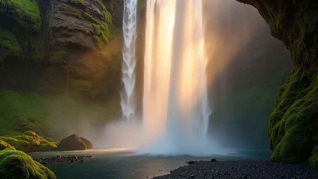 Versteckter Blick auf den Wasserfall Seljalandsfoss in Island von hinter dem Wasservorhang - magische Stimmung