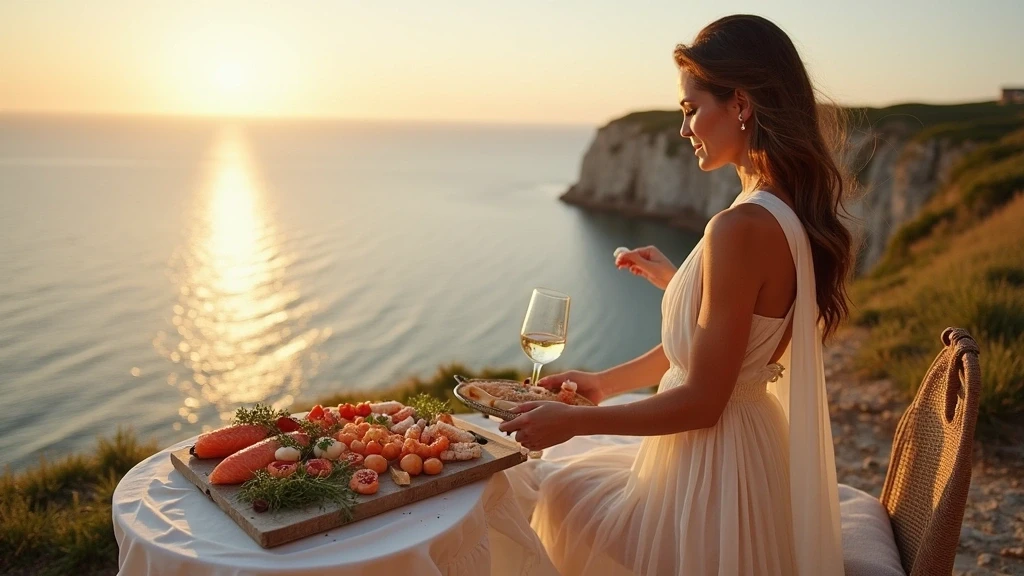 Elegante Frau genießt Gourmet-Meeresfrüchte auf einer Klippenterrasse auf den Färöer Inseln