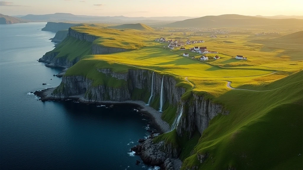 Dramatische Luftaufnahme der grünen Klippen und Fjorde der Färöer Inseln zur goldenen Stunde