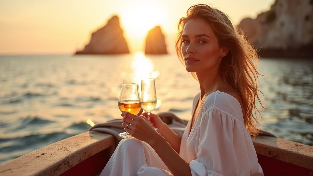 Elegante frau geniesst aperitivo auf fischerboot bei sonnenuntergang in favignana