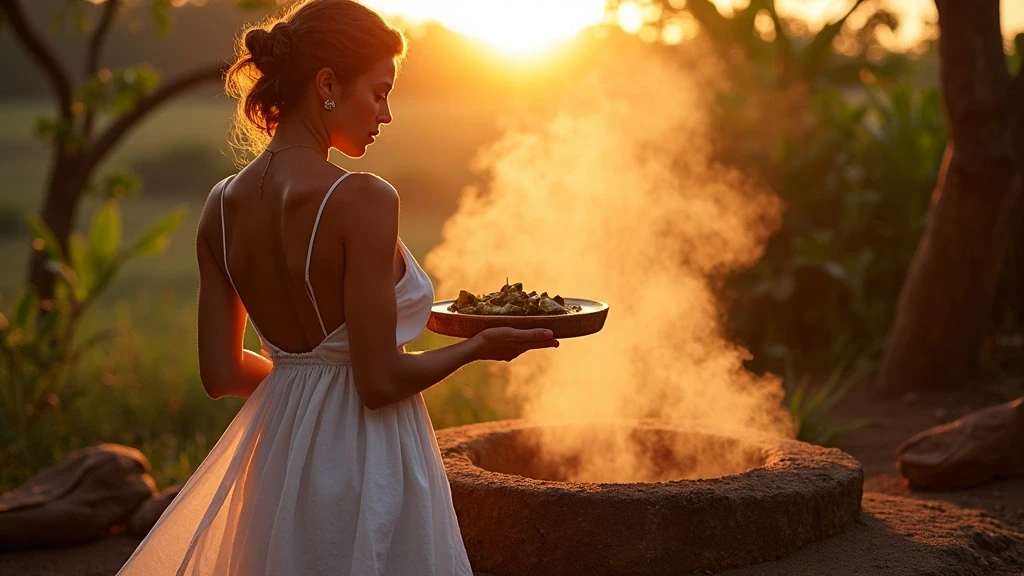 Elegante Frau geniesst traditionelles Fidschi-Lovo-Essen bei Sonnenuntergang in Fidschi