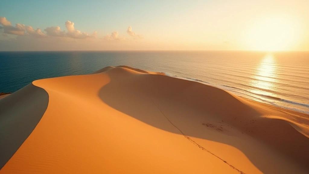 Panorama der Sigatoka-Sandduenen in Fidschi bei Sonnenaufgang mit goldenem Morgenlicht