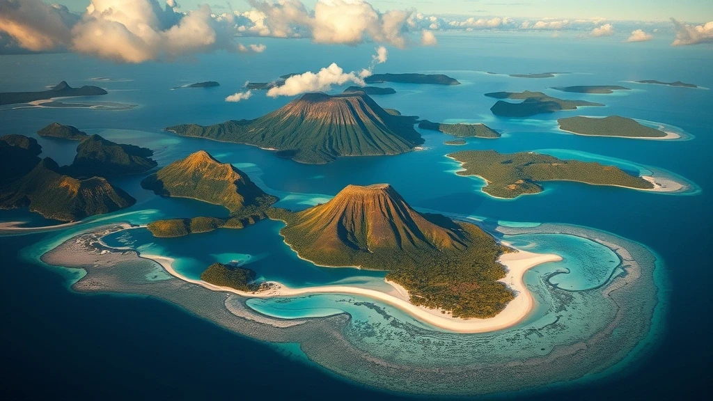 Dramatische Luftaufnahme der Fidschi-Inseln mit vulkanischen Gipfeln und tuerkisfarbenen Lagunen zur goldenen Stunde