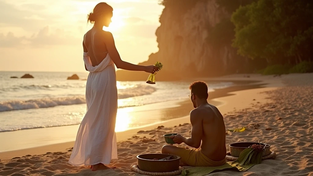 Elegante Frau geniesst traditionelles Fidschi-Lovo-Essen am Privatstrand zur goldenen Stunde