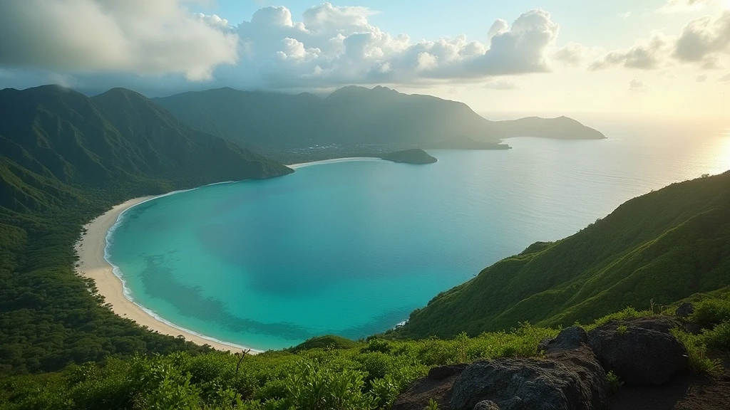 Panoramablick auf die Yasawa-Inselkette in Fidschi mit tuerkisfarbenen Lagunen und vulkanischen Inseln