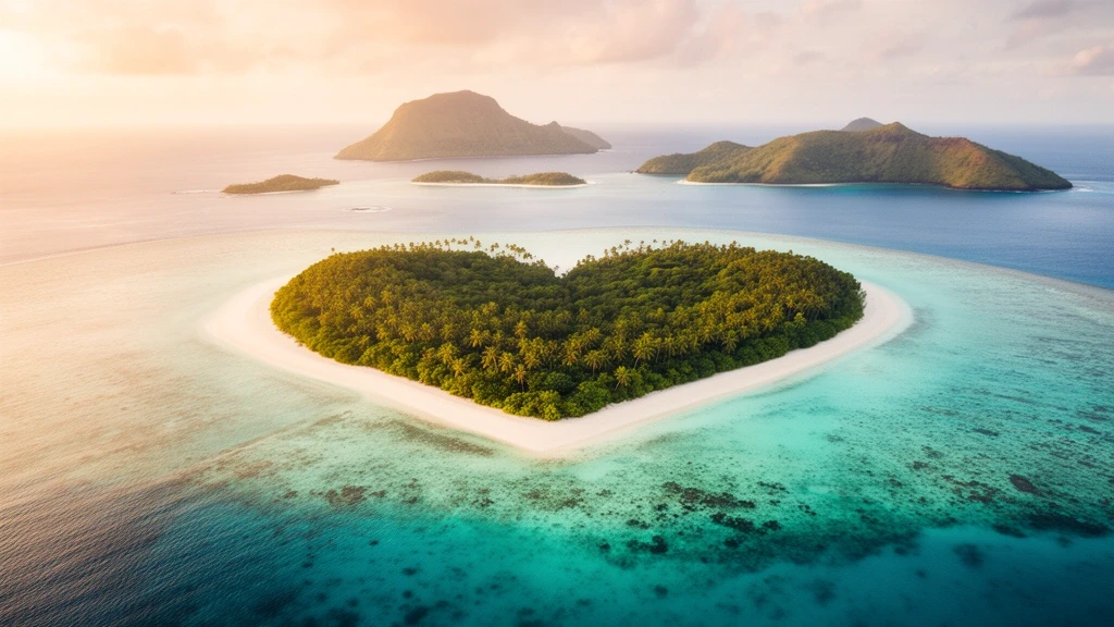 Luftaufnahme des herzförmigen Tavarua Island in den Mamanuca-Inseln von Fidschi zur goldenen Stunde
