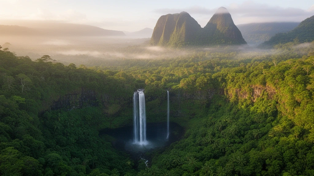 Panoramablick auf die Tavoro Wasserfälle im Bouma National Heritage Park auf Taveuni, Fidschi