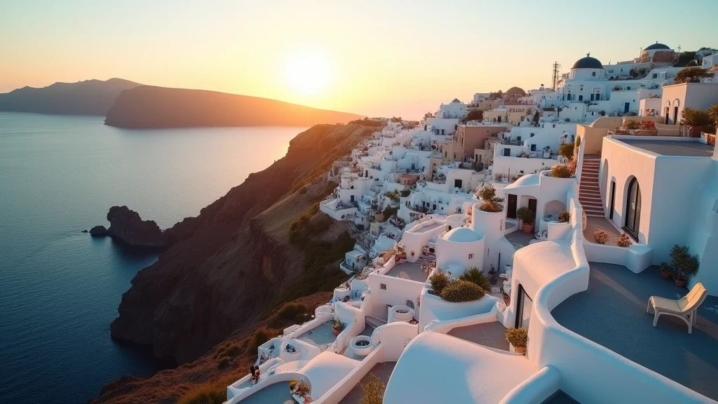 Luftaufnahme der weißen Häuser von Fira an der Caldera-Klippe auf Santorini zur goldenen Stunde