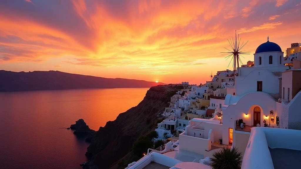 Sonnenuntergang über der Caldera von Fira auf Santorini mit dramatischem Himmel
