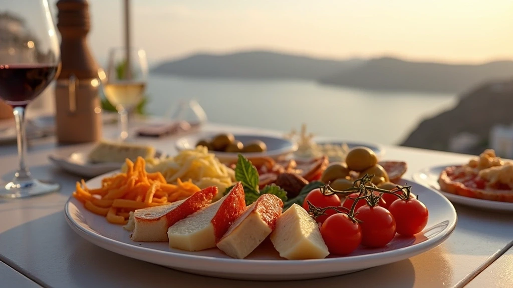 Traditionelle griechische Meze-Platte in Restaurant mit Caldera-Blick in Fira auf Santorini