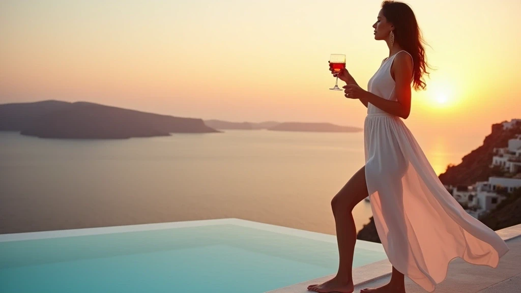Elegante Frau im weißen Kleid genießt Cocktails auf Terrasse mit Caldera-Blick in Fira