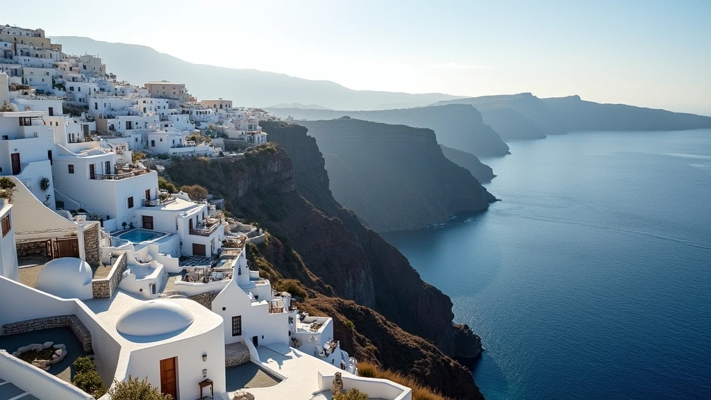 Panoramablick auf die vulkanische Küste von Fira auf Santorini mit weißen Häusern