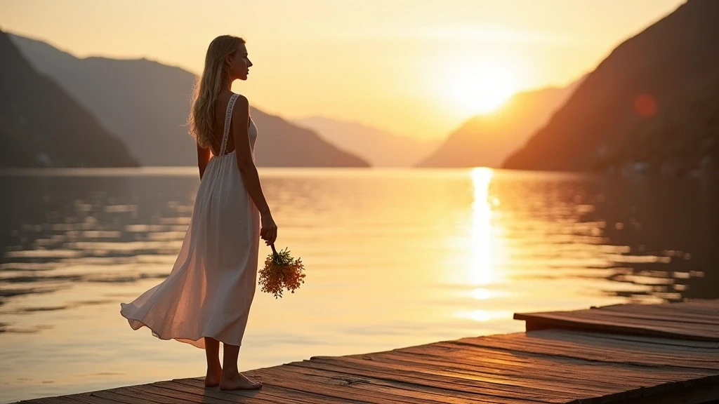 Elegante Frau in fliessendem Leinenkleid auf Holzsteg bei Sonnenuntergang am Fjord