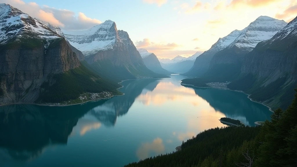 Luftaufnahme der dramatischen Fjordlandschaft mit schneebedeckten Bergen und smaragdgruenem Wasser zur goldenen Stunde