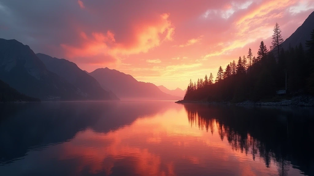 Dramatischer Sonnenuntergang ueber dem Fjord mit spiegelglatter Wasseroberflaeche und orangefarbenen Wolken