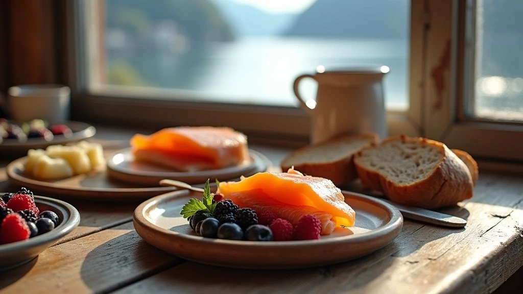 Artisanelles norwegisches Fruehstueck mit Raucherlachs und Braunkaese auf Holztisch mit Fjordblick
