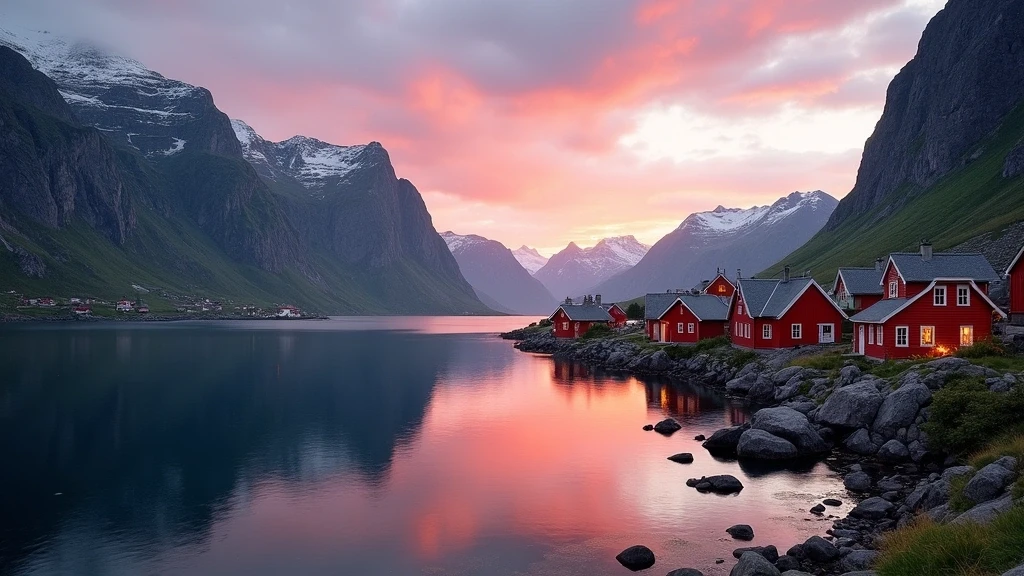 Panorama des Aurlandsfjords bei Sonnenuntergang in Flåm, Norwegen