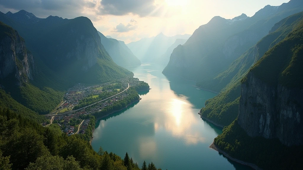 Luftaufnahme des Flåm-Fjords mit Bergen und Flåmbahn zur goldenen Stunde in Norwegen