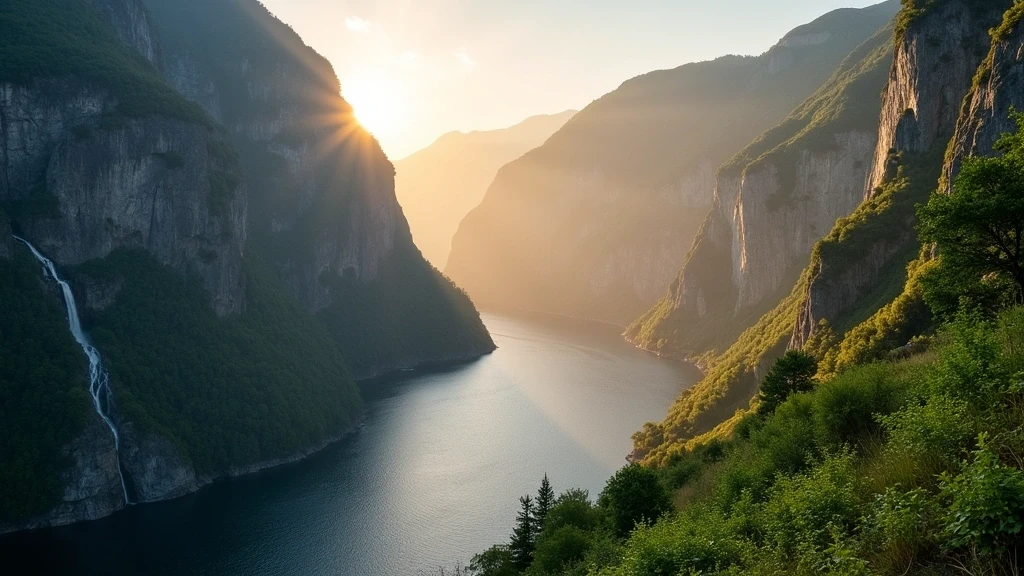 Wasserfall im Flåm-Tal bei goldener Stunde, Norwegen