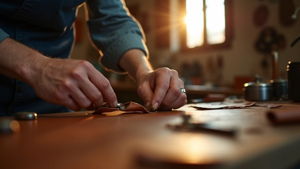 Artisan-Haende bei der Lederverarbeitung in einer traditionellen Werkstatt in Florenz