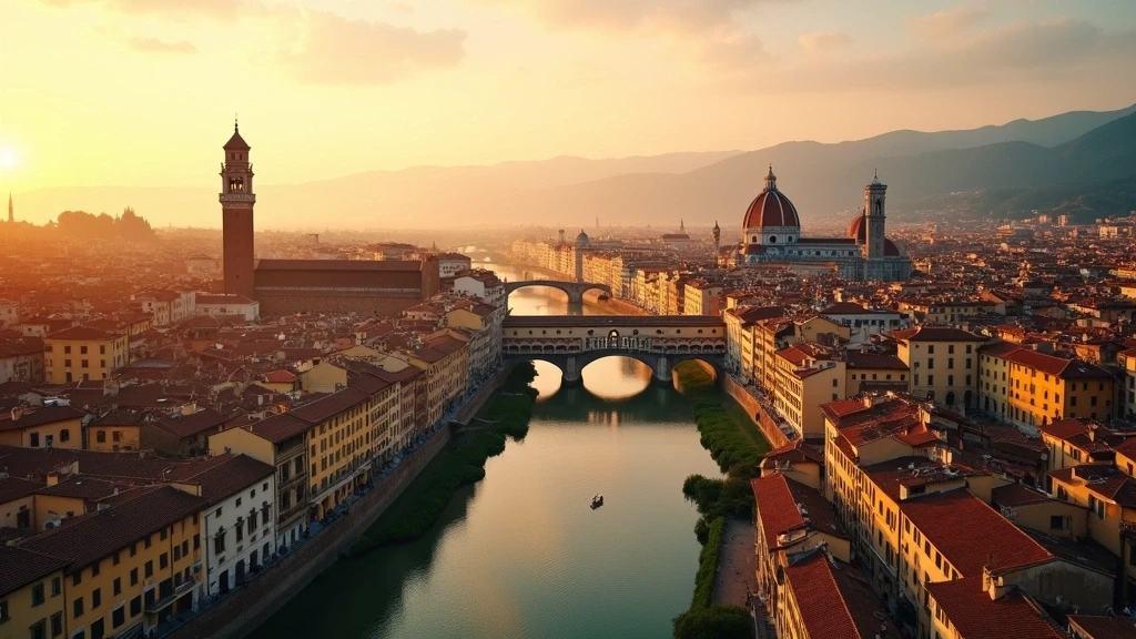 Luftaufnahme von Florenz mit terrakottafarbenen Daechern, dem Arno-Fluss und dem Dom zur goldenen Stunde