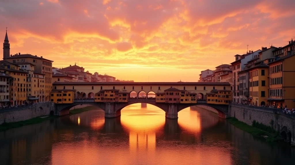 Sonnenuntergang ueber der Ponte Vecchio in Florenz mit Spiegelungen im Arno-Fluss
