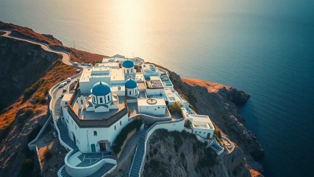 Luftaufnahme von Chora auf Folegandros mit weissen Haeusern und blauen Kuppeln ueber steilen Klippen zur goldenen Stunde