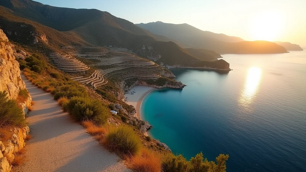 Panoramablick von Klippenpfad auf Folegandros mit felsiger Kueste und tuerkisen Buchten
