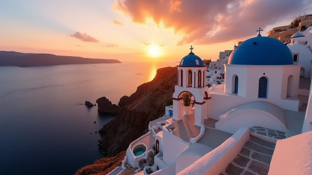 Sonnenuntergang ueber der Kirche Panagia auf Folegandros mit steilen Klippen und Aegaeischem Meer