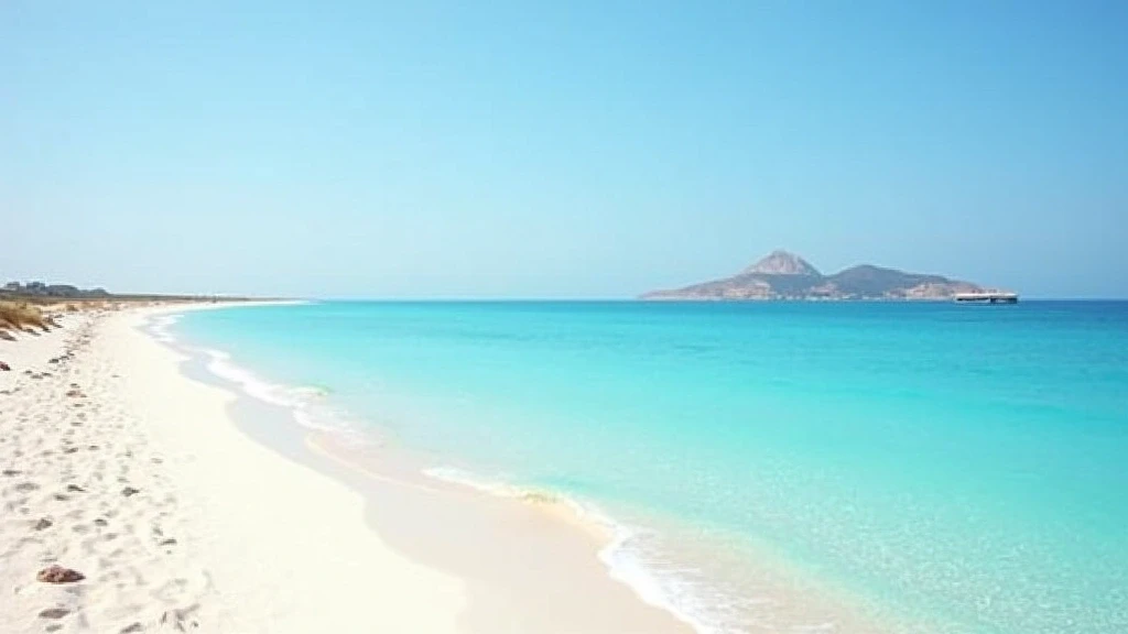 Panoramablick auf den weissen Sandstrand von Playa de Ses Illetes in Formentera mit tuerkisfarbenem Wasser