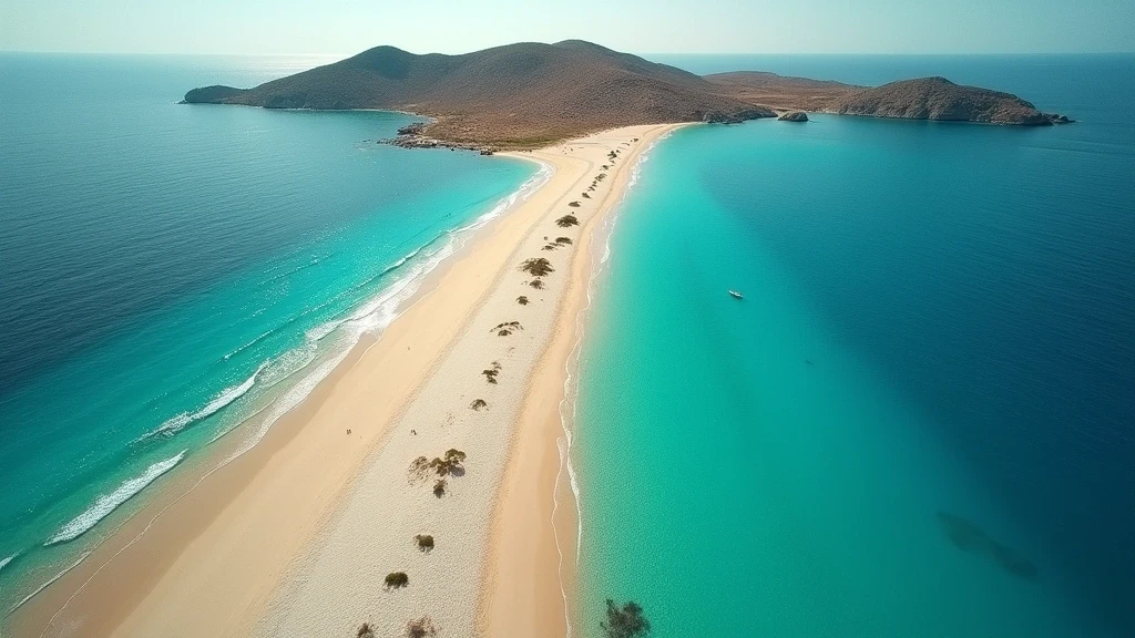 Luftaufnahme von Playa de Ses Illetes in Formentera mit tuerkisfarbenem Flachwasser und weissem Sand zur goldenen Stunde