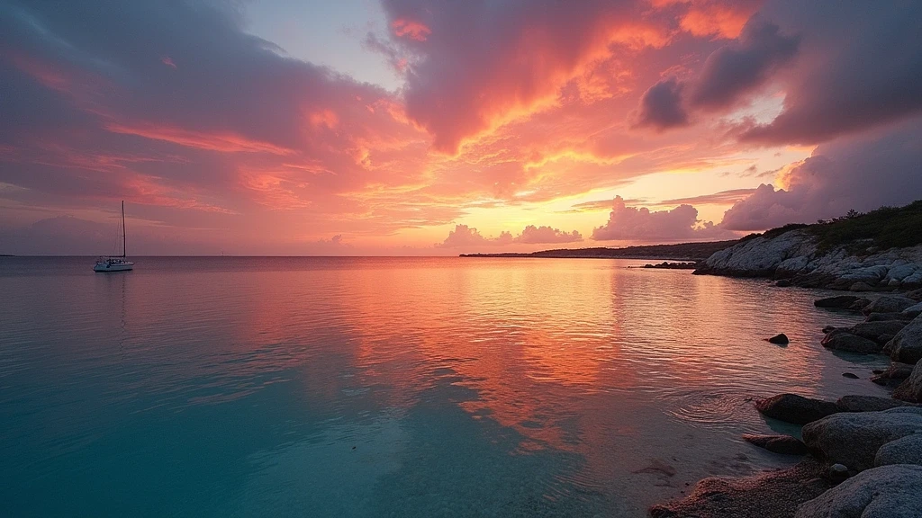 Sonnenuntergang ueber Playa de Ses Illetes in Formentera mit feurigem Himmel und tuerkisfarbenem Wasser