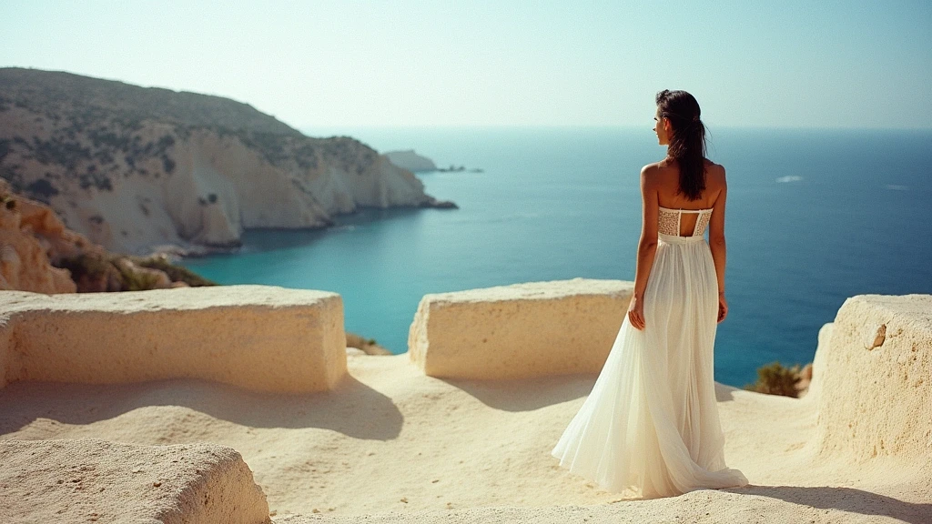 Elegante Frau in weißem Kleid am Aussichtspunkt Can Marroig auf Formentera mit Blick auf die Küste