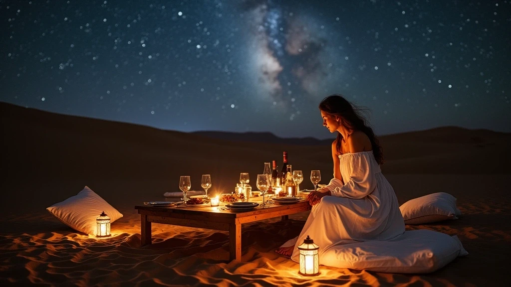 Elegantes Abendessen unter dem Sternenhimmel in der Wueste von Foum Zguid