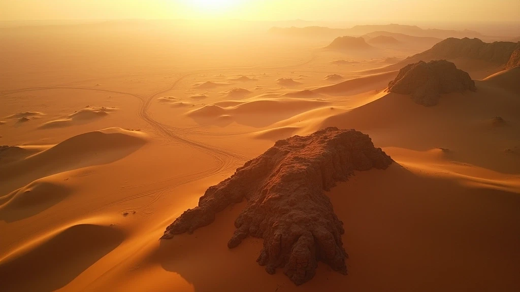 Luftaufnahme der goldenen Sandduenen und felsigen Plateaus in Foum Zguid zur goldenen Stunde