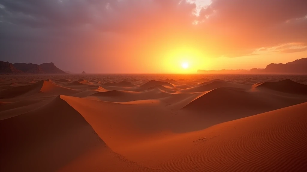 Sonnenuntergang ueber den Sandduenen von Foum Zguid mit dramatischem Himmel