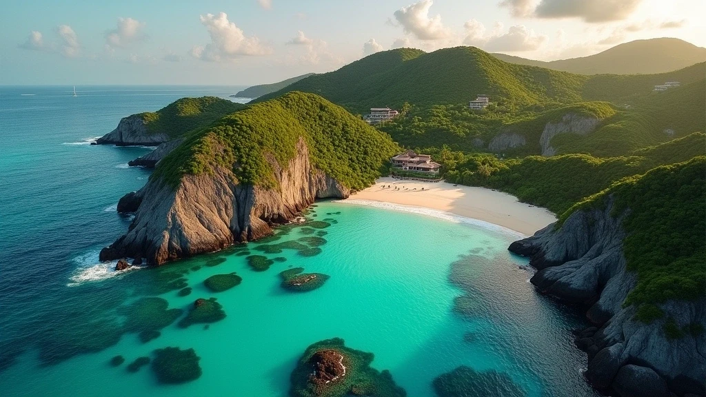 Luftaufnahme des Four Seasons Resort Seychelles mit Granitfelsen und tuerkisfarbenem Ozean zur goldenen Stunde