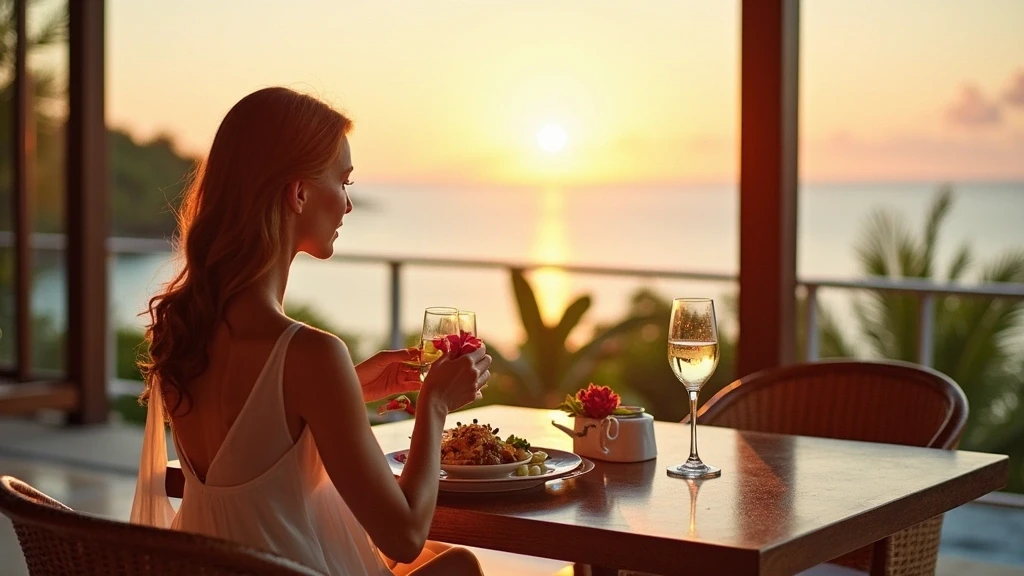 Elegantes Abendessen mit Meeresfruechten am Four Seasons Resort Seychelles bei Sonnenuntergang