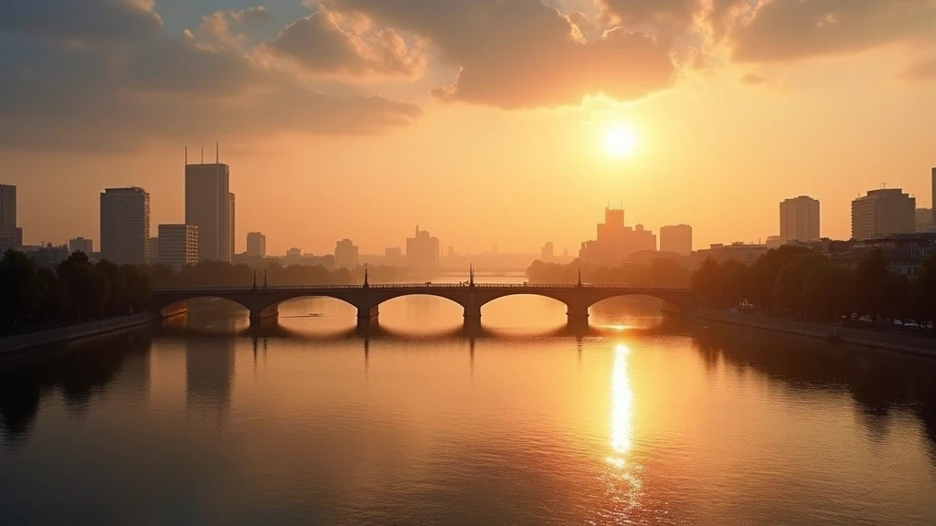 Panoramablick auf den Main in Frankfurt bei Sonnenuntergang